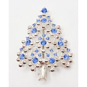 Eisenberg Ice Sparkling Blue Silver Tone Christmas Tree Brooch GrandmaCore  Vtg